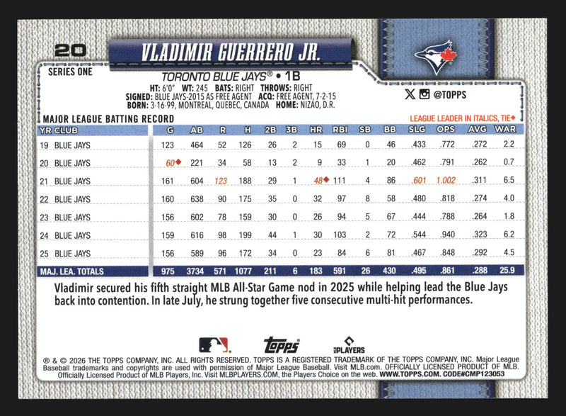 2026 Topps Series 1 #20 Vladimir Guerrero Jr Toronto Blue Jays