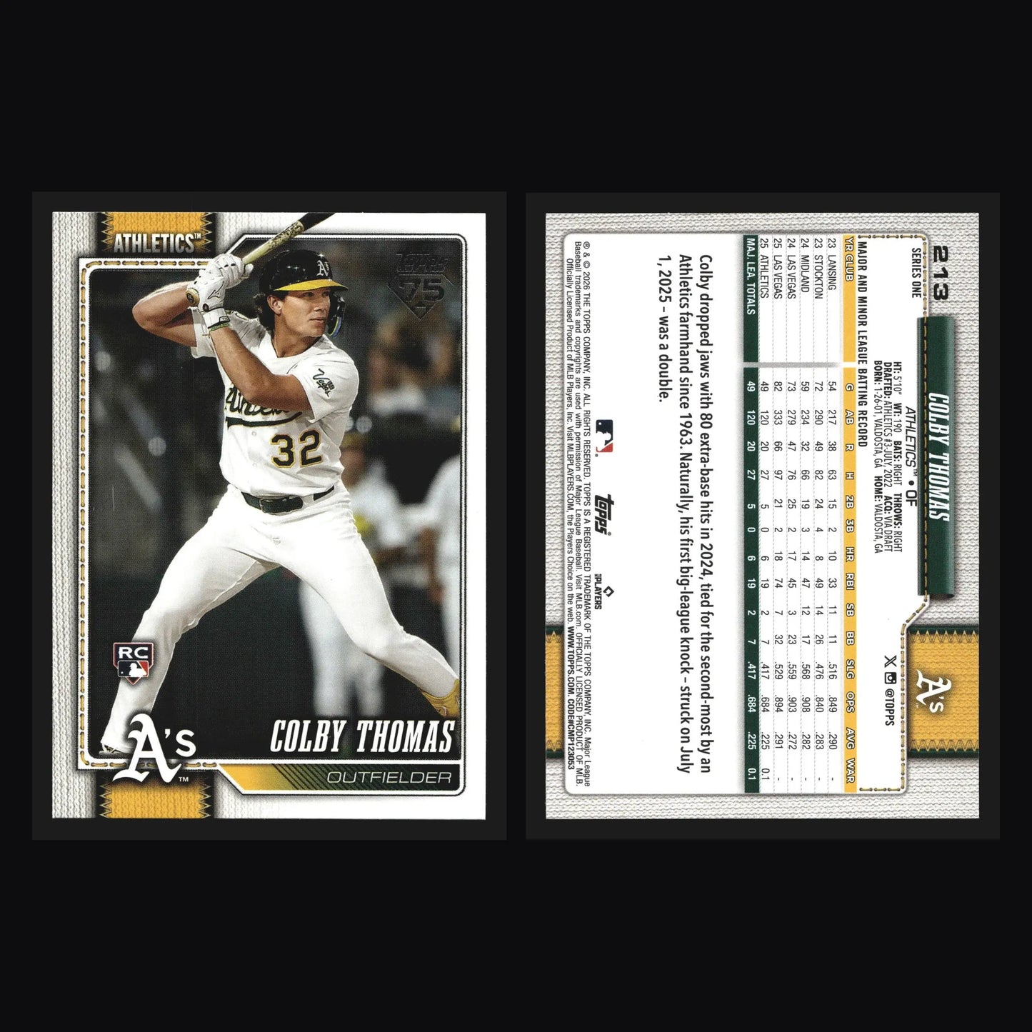 2026 Topps Series 1 #213 Colby Thomas Athletics RC - Baseball Card Single