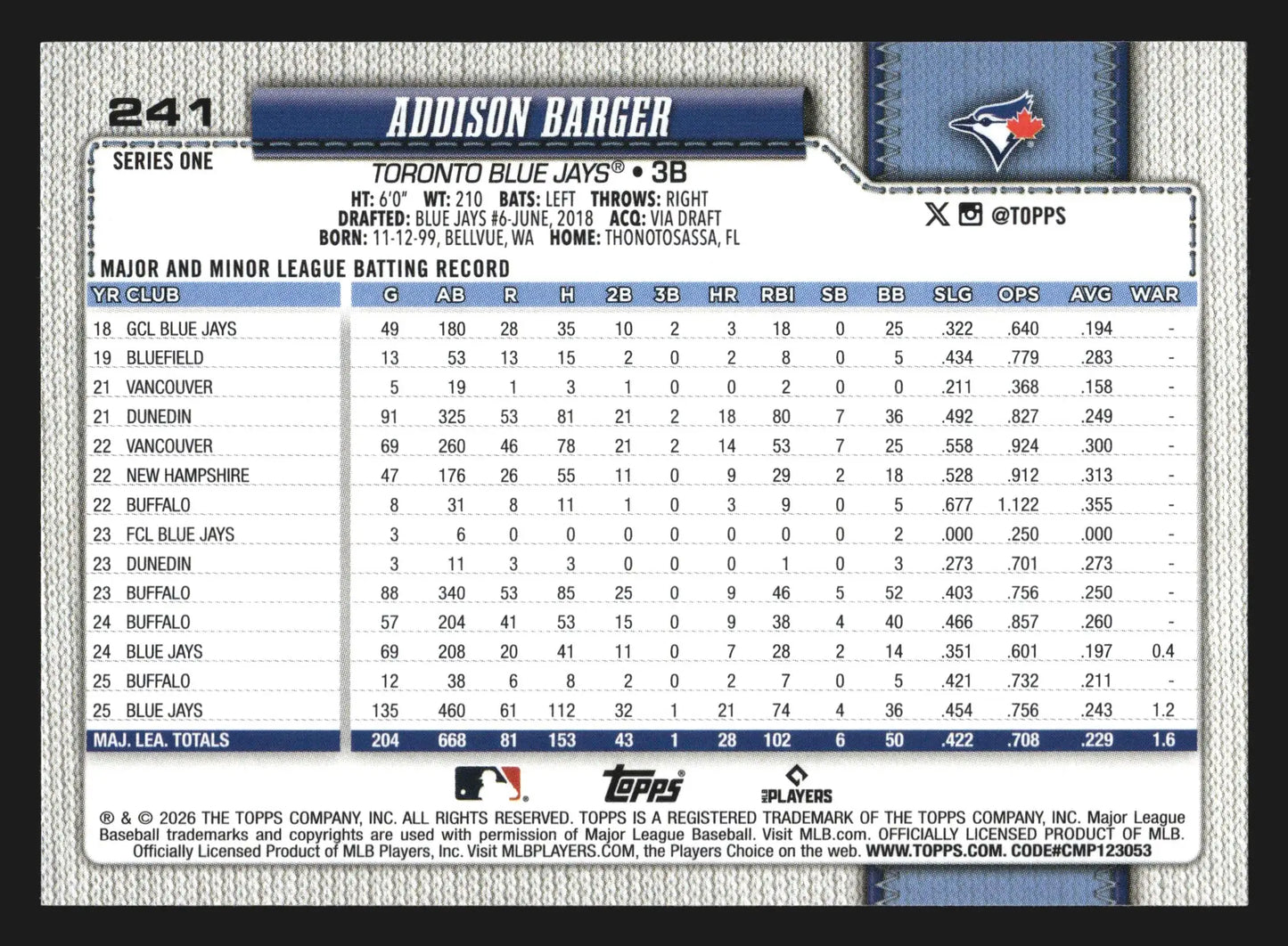 2026 Topps Series 1 #241 Addison Barger Toronto Blue Jays - Baseball Card Single