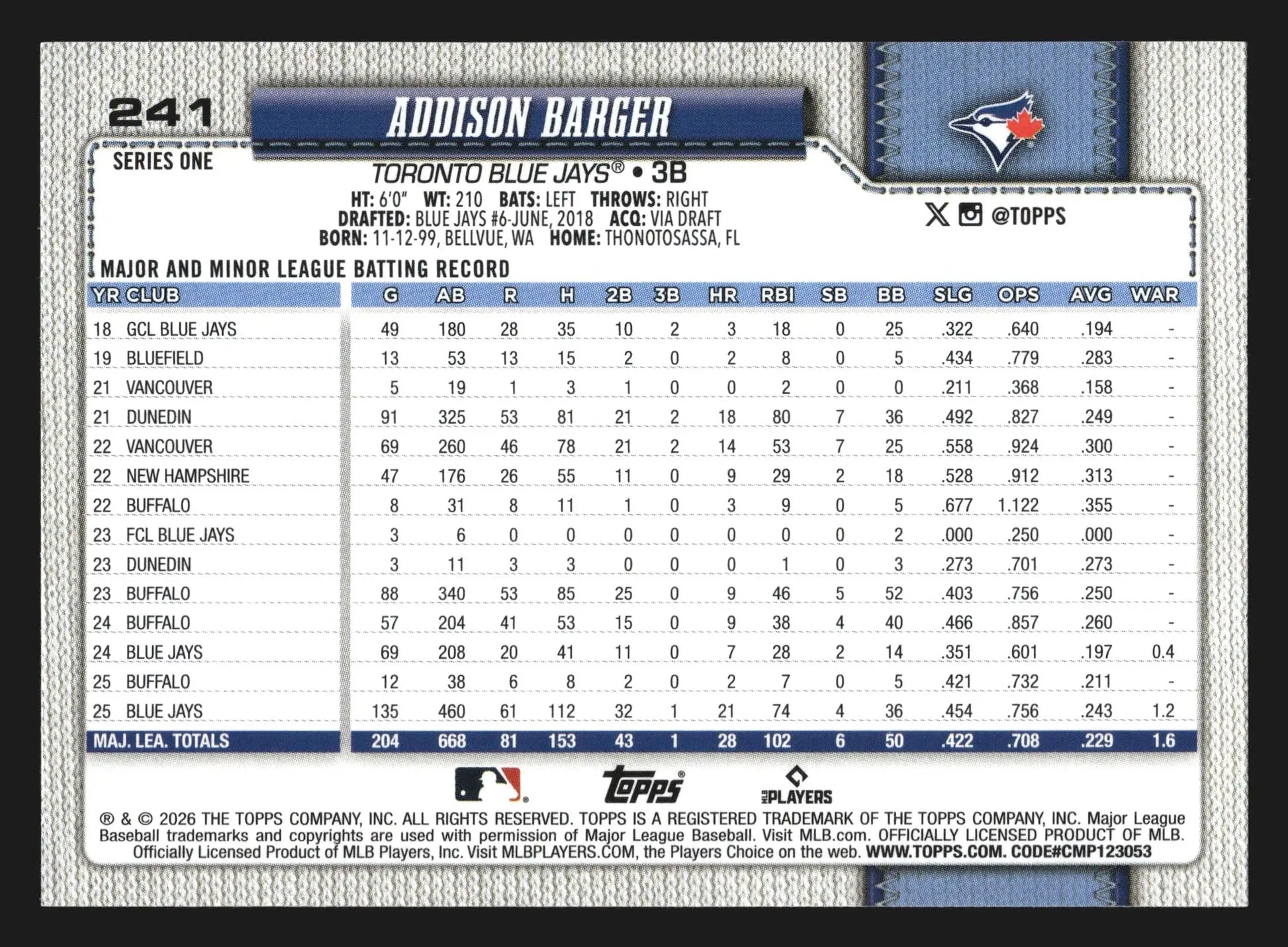 2026 Topps Series 1 #241 Addison Barger Toronto Blue Jays - Baseball Card Single