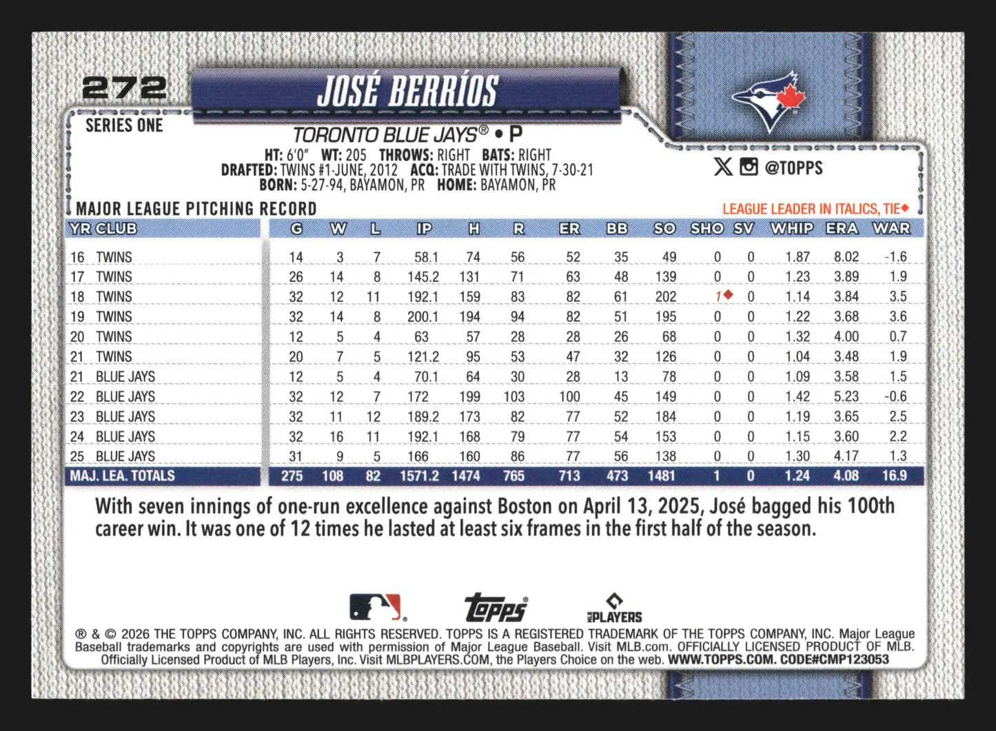 2026 Topps Series 1 #272 Jose Berrios Toronto Blue Jays - Baseball Card Single