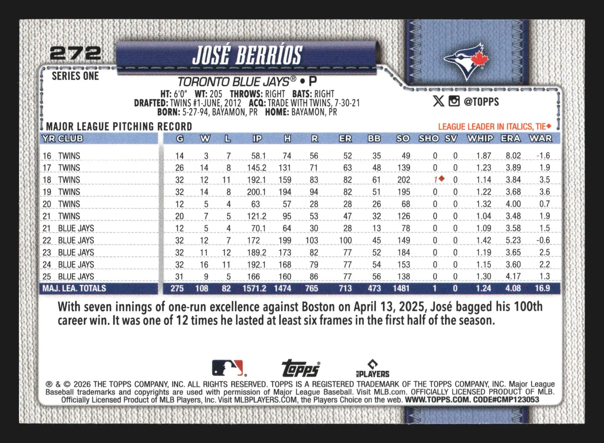 2026 Topps Series 1 #272 Jose Berrios Toronto Blue Jays - Baseball Card Single