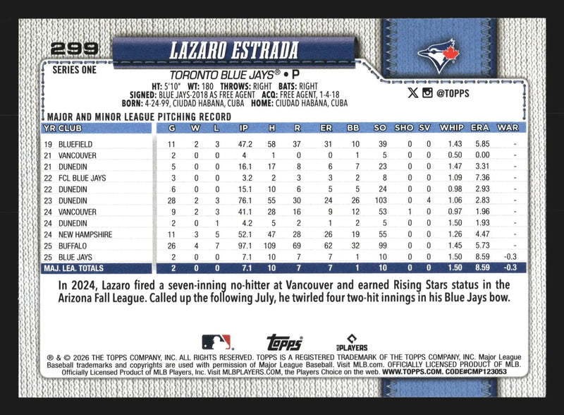 2026 Topps Series 1 #299 Lazaro Estrada Sandglitter Blue Jays RC