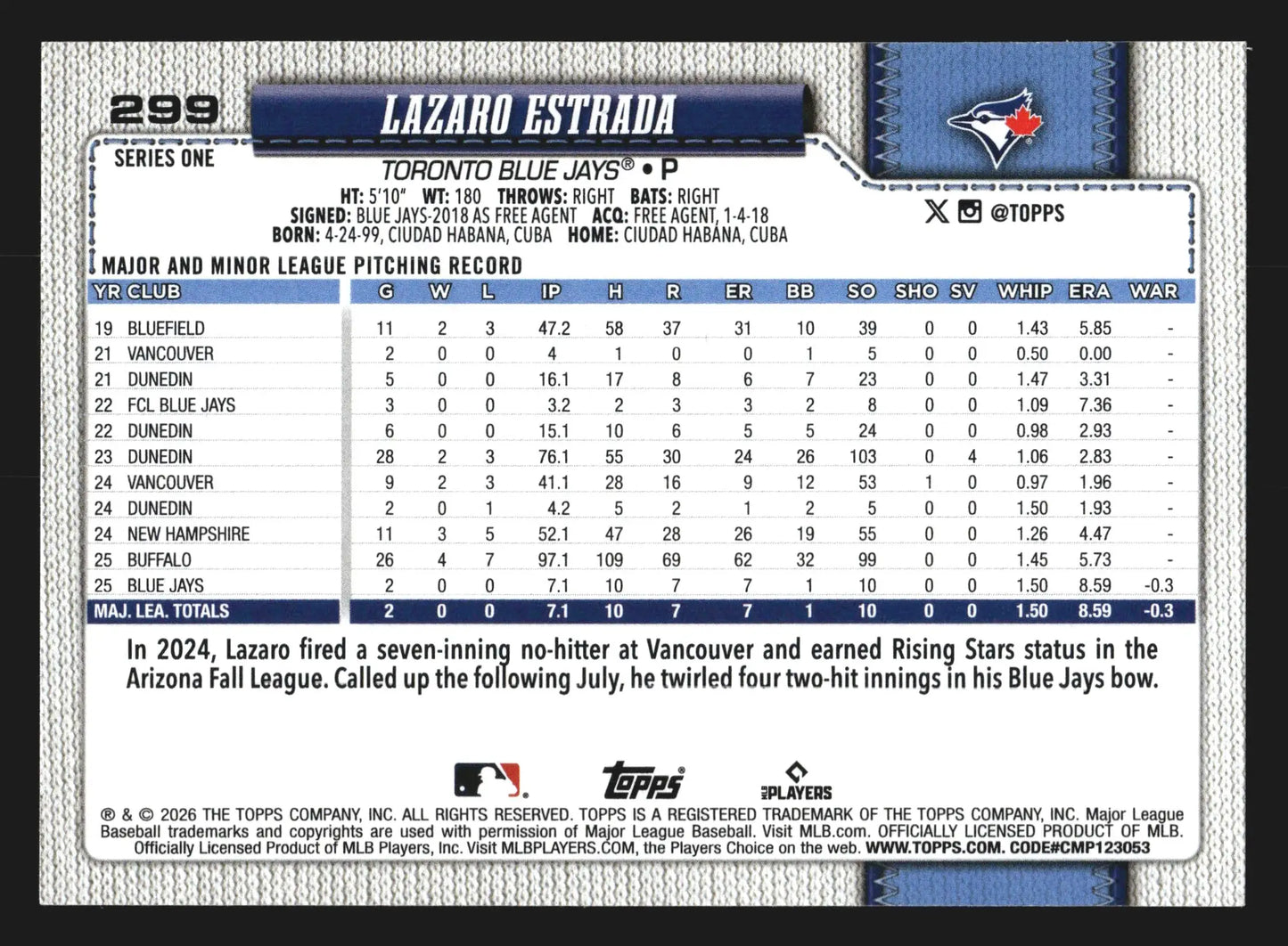 2026 Topps Series 1 #299 Lazaro Estrada Toronto Blue Jays RC