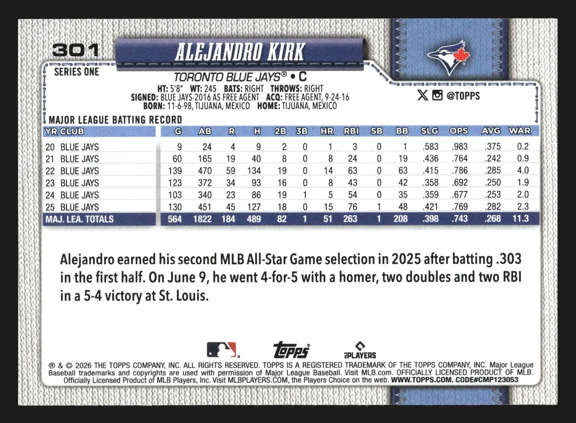 2026 Topps Series 1 #301 Alejandro Kirk Toronto Blue Jays