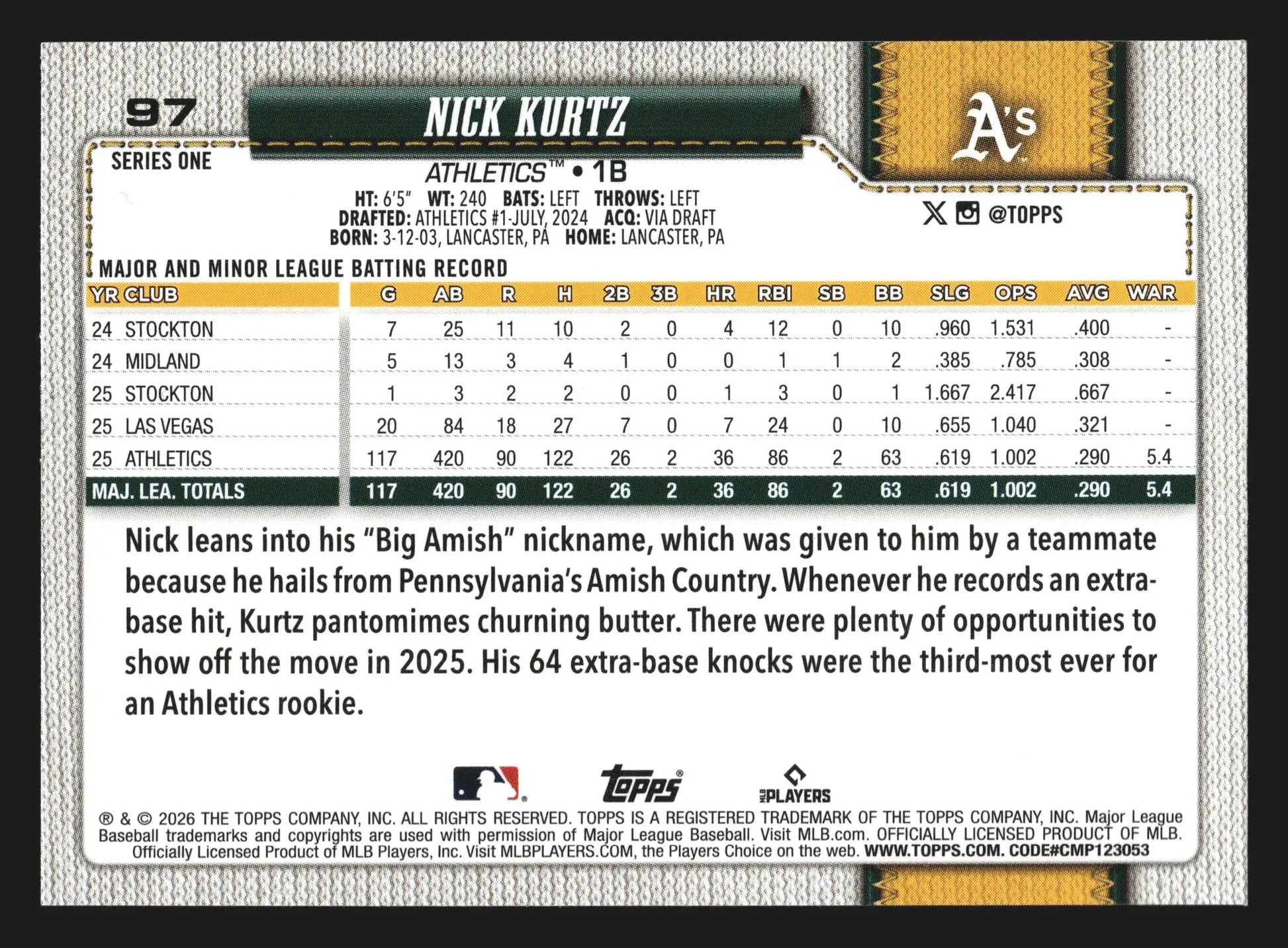 2026 Topps Series 1 #97 Nick Kurtz Sandglitter Athletics