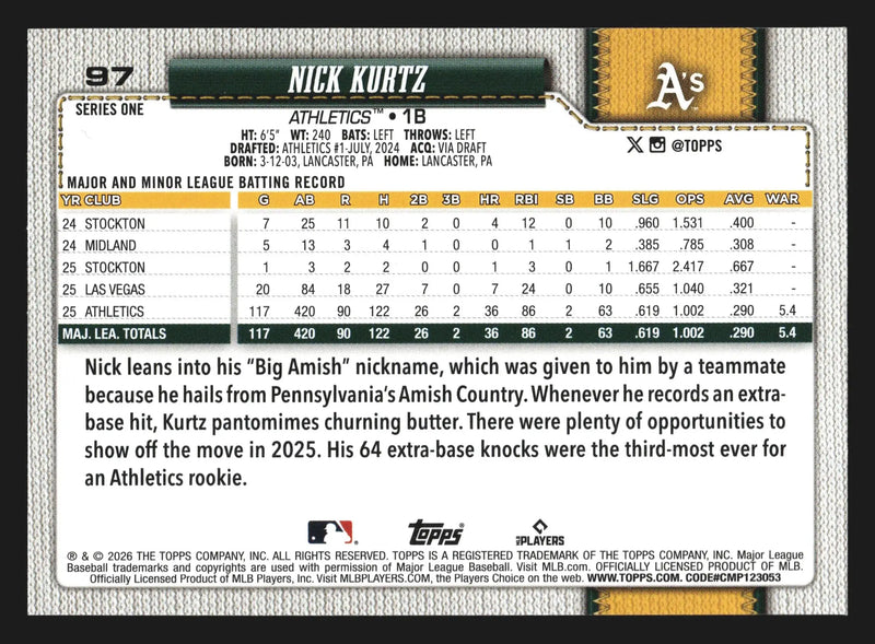 2026 Topps Series 1 #97 Nick Kurtz Sandglitter Athletics
