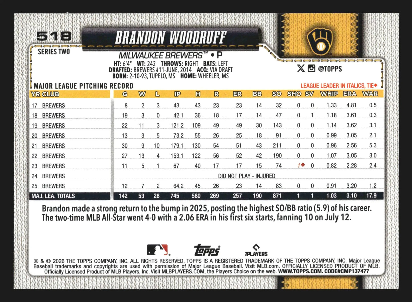 2026 Topps Series 2 #518 Brandon Woodruff Milwaukee Brewers - Baseball Card Single
