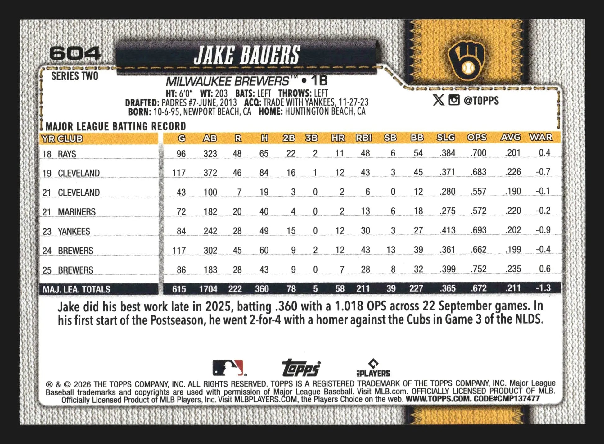 2026 Topps Series 2 #604 Jake Bauers Milwaukee Brewers - Baseball Card Single