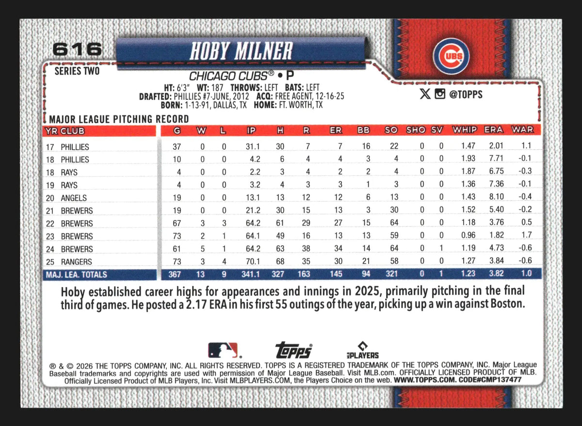 2026 Topps Series 2 #616 Hoby Milner Chicago Cubs - Baseball Card Single