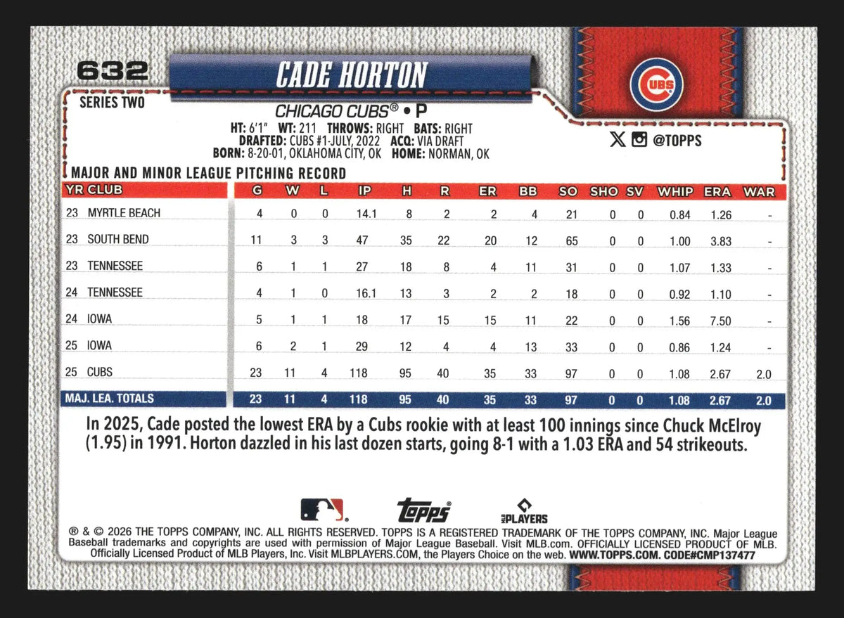 2026 Topps Series 2 Cade Horton #632 Rookie Cup Chicago Cubs - Baseball Card Single