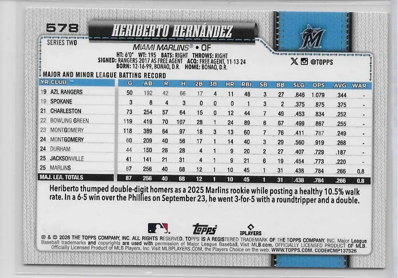 2026 Topps Series 2 Heriberto Hernandez Orange Sun Holiday Foil #578 (1392) - Baseball Card Single