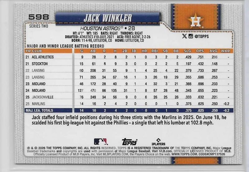 2026 Topps Series 2 Orange Sun Foil Jack Winkler #598 (RC) Astros (1384)