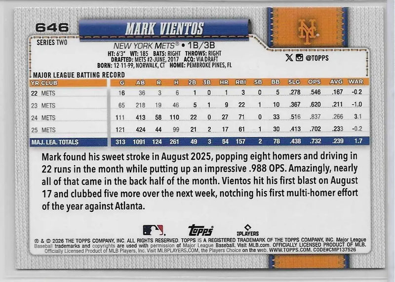 2026 Topps Series 2 Orange ’SUN’ Holo Foil Parallel #646 Mark Vientos (1351) - Baseball Card Single