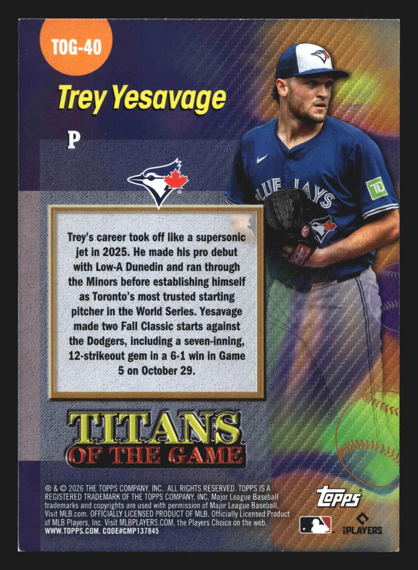 2026 Topps Series 2 Titans of the Game #TOG-40 Trey Yesavage RC Blue Jays