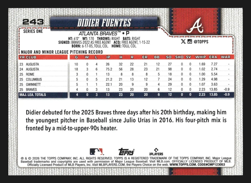 2026 Topps Series One #243 Didier Fuentes Atlanta Braves RC