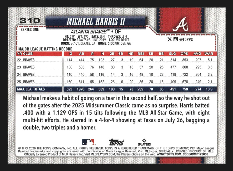 2026 Topps Series One #310 Michael Harris II Atlanta Braves - Baseball Card Single