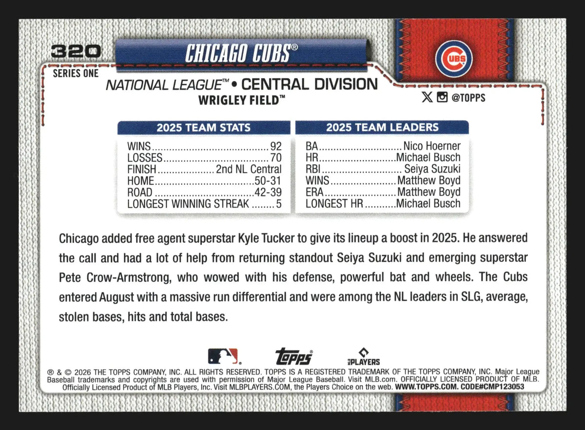 2026 Topps Series One #320 Chicago Cubs Team Card - Baseball Card Single
