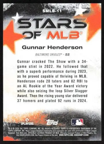 2026 Topps Stars of MLB #SMLB-11 Gunnar Henderson NM-MT Orioles ID:81720 - Baseball Card Single
