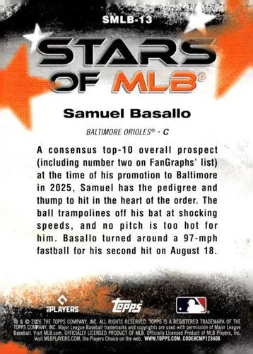 2026 Topps Stars of MLB #SMLB-13 Samuel Basallo NM-MT Orioles ID:82140 - Baseball Card Single