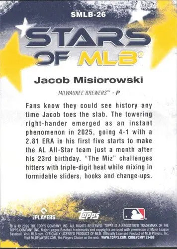 2026 Topps Stars of MLB #SMLB-26 Jacob Misiorowski NM-MT Brewers ID:82252 - Baseball Card Single