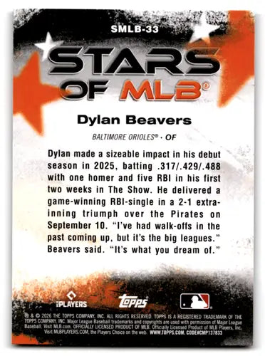 2026 Topps Stars of MLB #SMLB-33 Dylan Beavers NM Near Mint Orioles ID:83081 - Baseball Card Single
