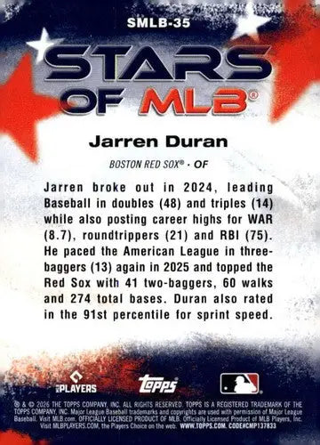 2026 Topps Stars of MLB #SMLB-35 Jarren Duran NM Near Mint Red Sox ID:83258