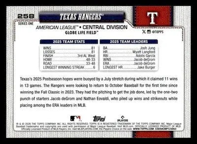 2026 Topps Texas Rangers #258 Texas Rangers - Baseball Card Single
