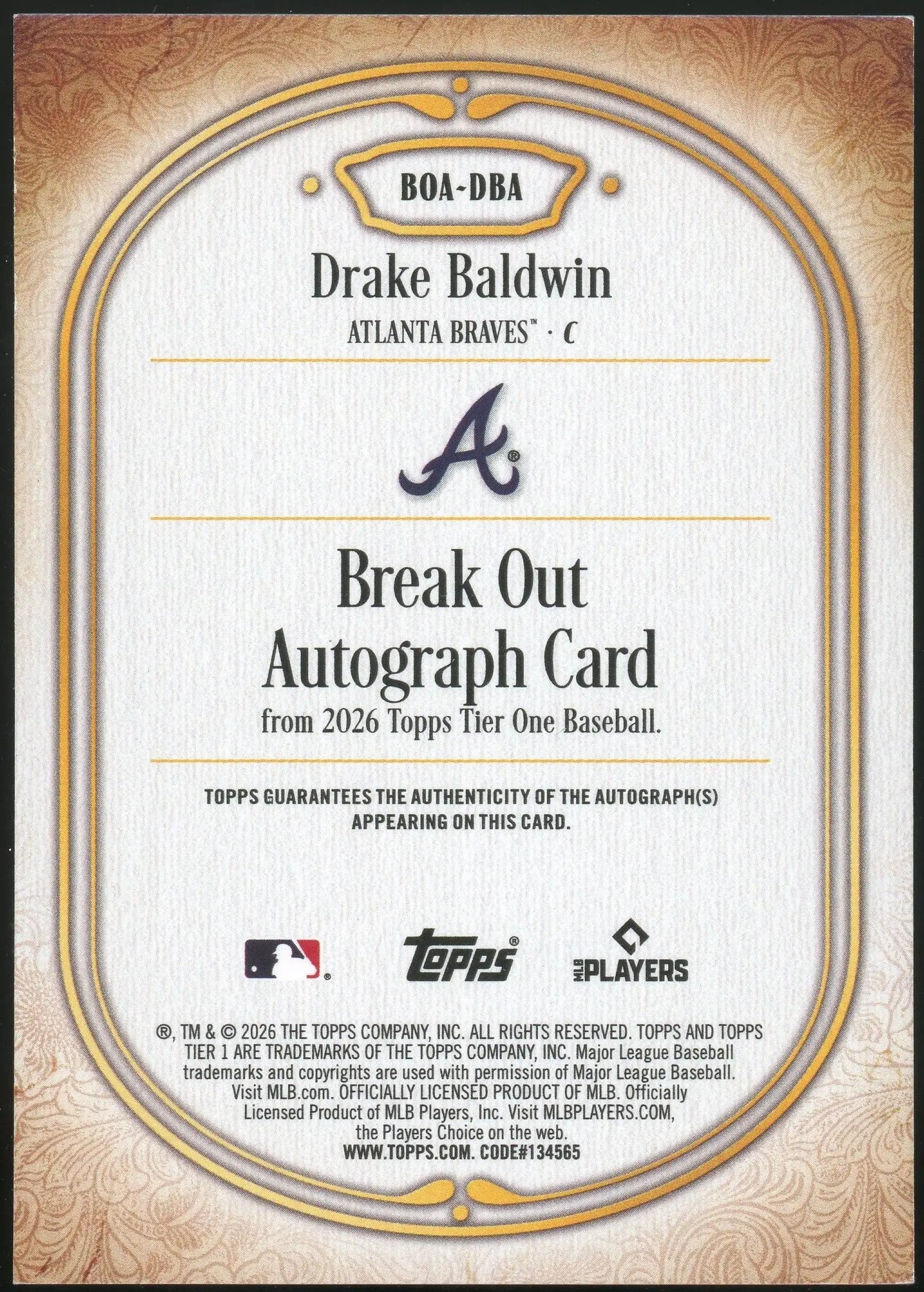 2026 Topps Tier One Break Out Drake Baldwin #BOA-DBA Blue /99 RC Auto
