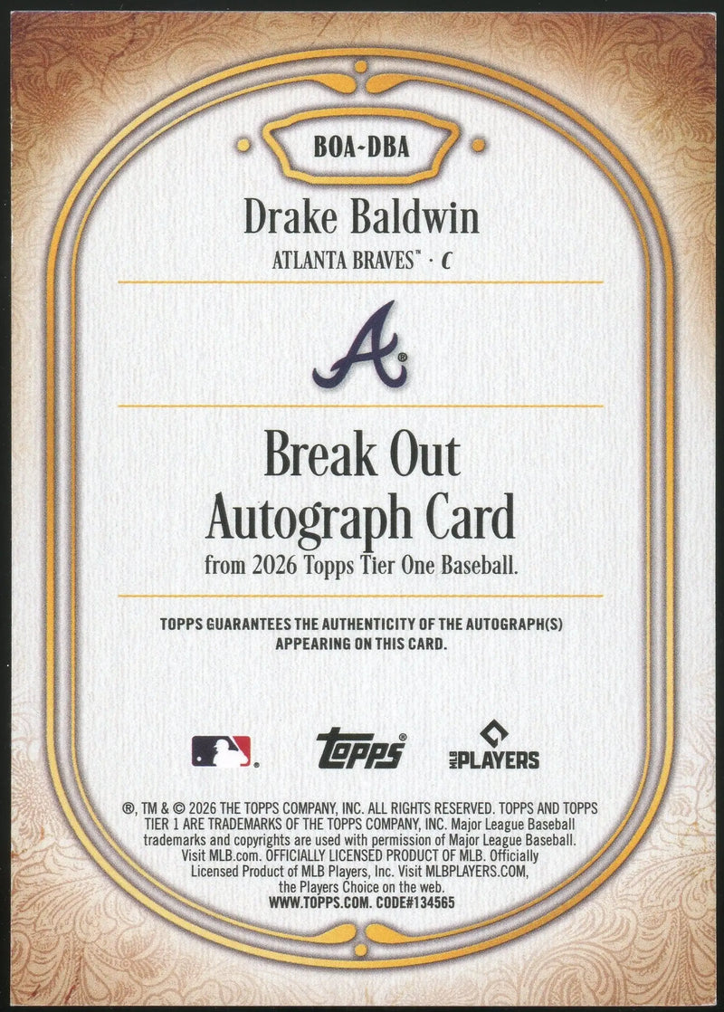 2026 Topps Tier One Break Out Drake Baldwin #BOA-DBA Blue /99 RC Auto