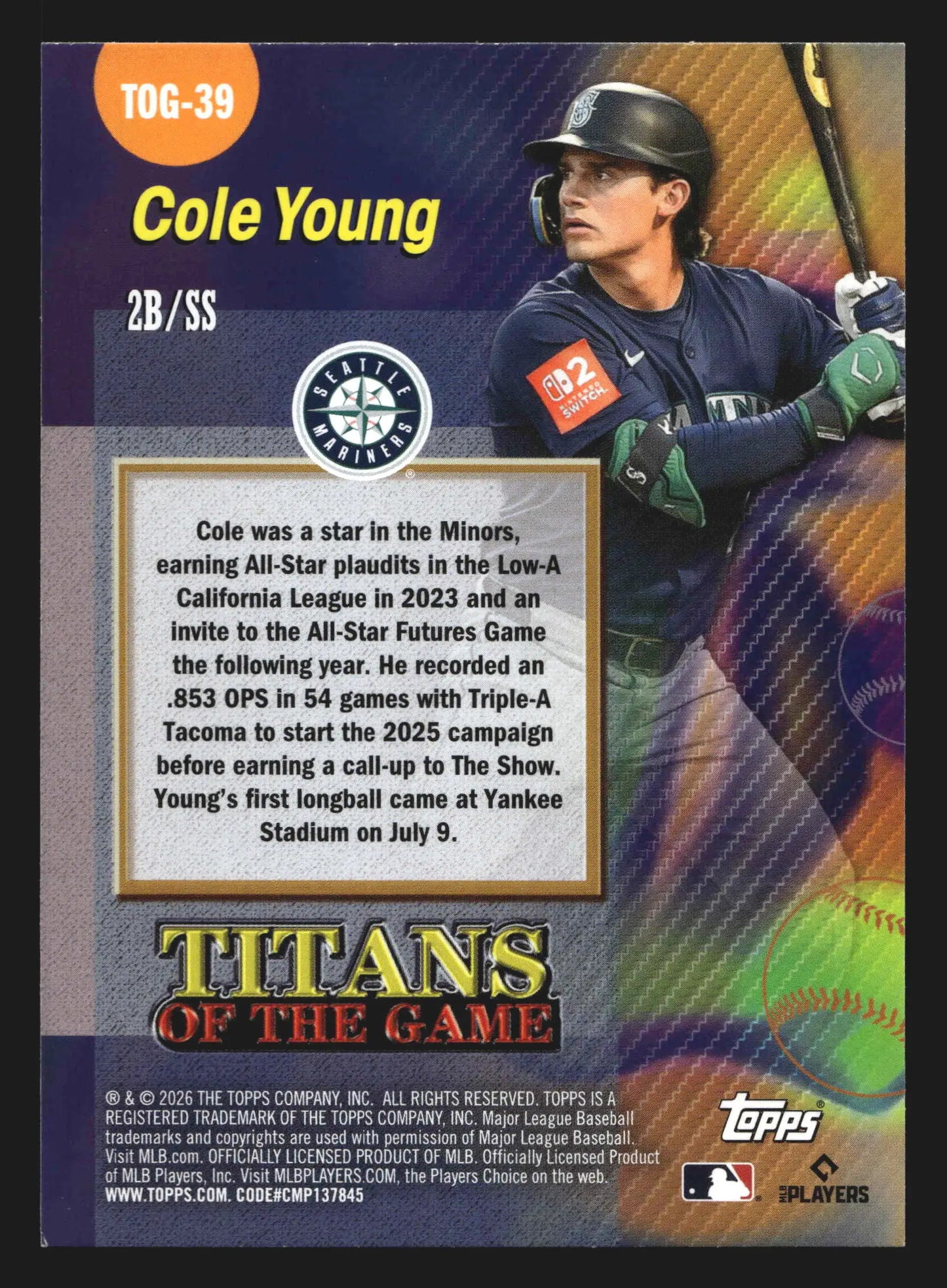 2026 Topps Titans of the Game #TOG-39 Cole Young RC Mariners - Baseball Card Single