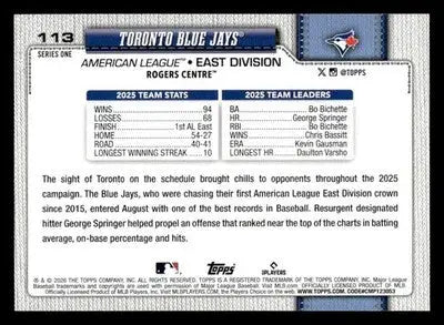 2026 Topps Toronto Blue Jays #113 Toronto Blue Jays - Baseball Card Single
