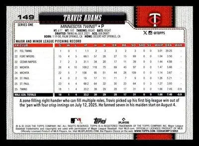 2026 Topps Travis Adams #149 RC Minnesota Twins - Baseball Card Single