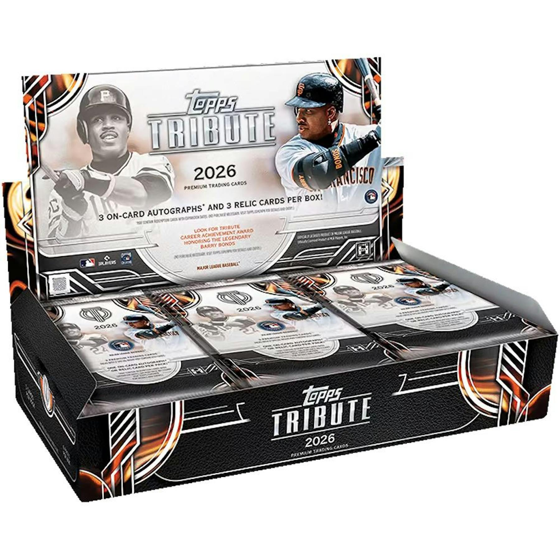 2026 Topps Tribute Baseball Hobby Box featuring premium on-card autographs and relic cards.
Back of the 2026 Topps Tribute Baseball Hobby Box showing product details and box configuration.
2026 Topps Tribute Baseball hobby pack featuring premium MLB trading cards.
2026 Topps Tribute Baseball promotional sell sheet highlighting Barry Bonds Career Achievement cards, Prime Patch Autograph Relics, Tribute Threads, and premium memorabilia.