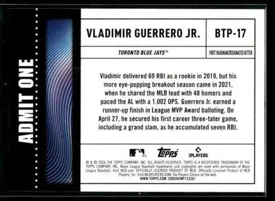 2026 Topps Vladimir Guerrero Jr. #BTP-17 Big Ticket Players Toronto Blue Jays - Baseball Card Single