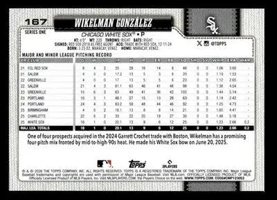 2026 Topps Wikelman Gonzalez #167 RC Chicago White Sox - Baseball Card Single