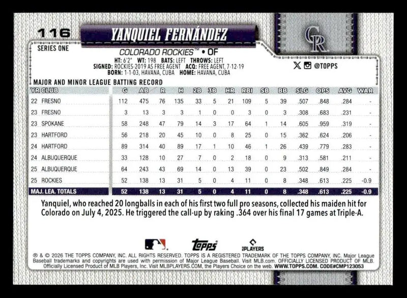 2026 Topps Yanquiel Fernández #116 RC Colorado Rockies