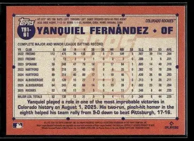 2026 Topps Yanquiel Fernandez #T91-61 1991 Topps 35th Anniv Colorado Rockies - Baseball Card Single