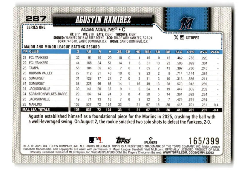 2026 Topps Yellow Holo Foil #287 Agustin Ramirez NM-MT 287/399 Marlins ID:82188 - Baseball Card Single