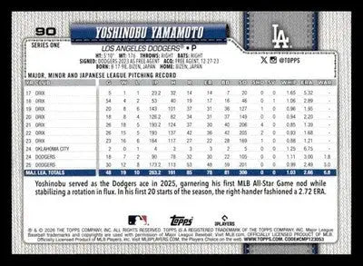 2026 Topps Yoshinobu Yamamoto #90 Los Angeles Dodgers - Baseball Card Single