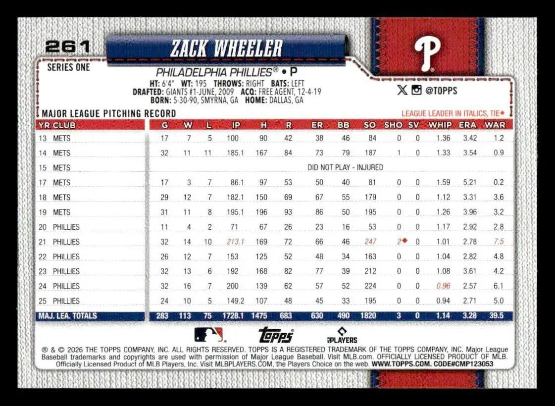 2026 Topps Zack Wheeler #261 Philadelphia Phillies - Baseball Card Single