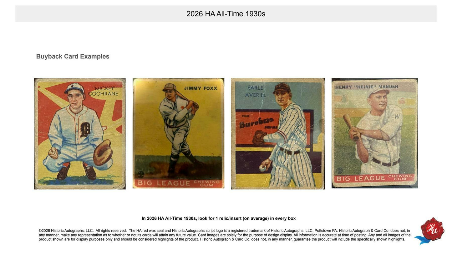 2026 Historic Autographs All-Time 1930s Baseball Hobby Box | Columbia Sports Cards