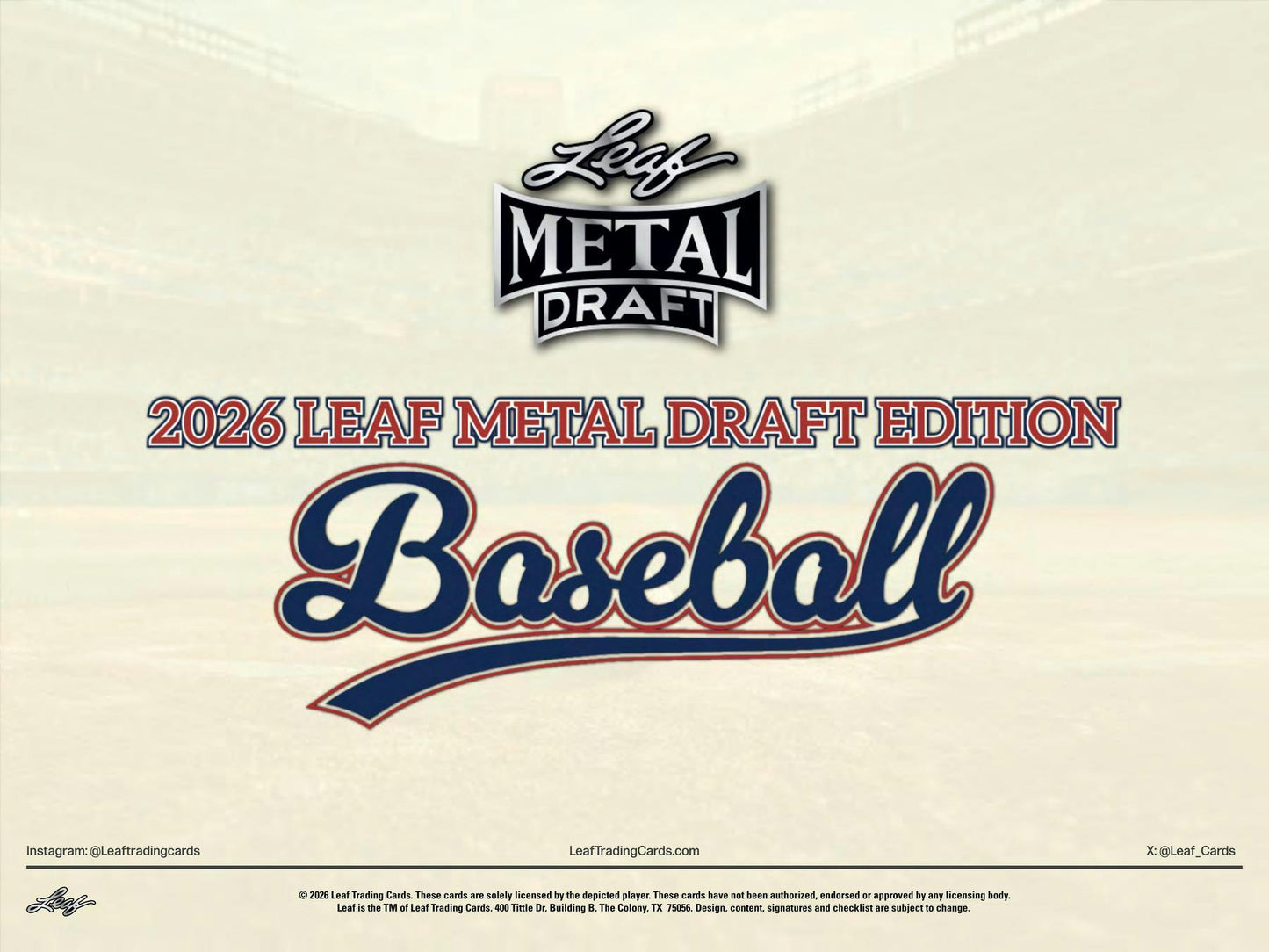 2026 Leaf Metal Draft Baseball Mega Box sealed trading card box featuring 14 autograph cards and exclusive 1960 Leaf Autographs.
Back of the 2026 Leaf Metal Draft Baseball Mega Box showing product details and box configuration.
2026 Leaf Metal Draft Baseball Mega Box trading card pack artwork.
2026 Leaf Metal Draft Baseball Mega Box promotional sell sheet highlighting prospect autographs, 1960 Leaf Autographs, acetate cards, and Metal technology.