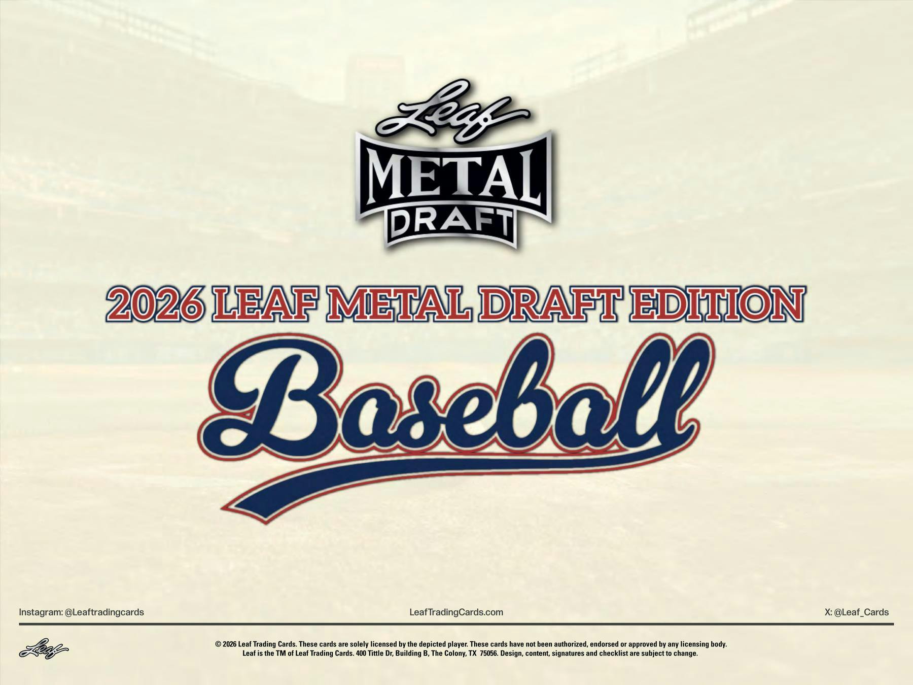 2026 Leaf Metal Draft Baseball Mega Box sealed trading card box featuring 14 autograph cards and exclusive 1960 Leaf Autographs.
Back of the 2026 Leaf Metal Draft Baseball Mega Box showing product details and box configuration.
2026 Leaf Metal Draft Baseball Mega Box trading card pack artwork.
2026 Leaf Metal Draft Baseball Mega Box promotional sell sheet highlighting prospect autographs, 1960 Leaf Autographs, acetate cards, and Metal technology.