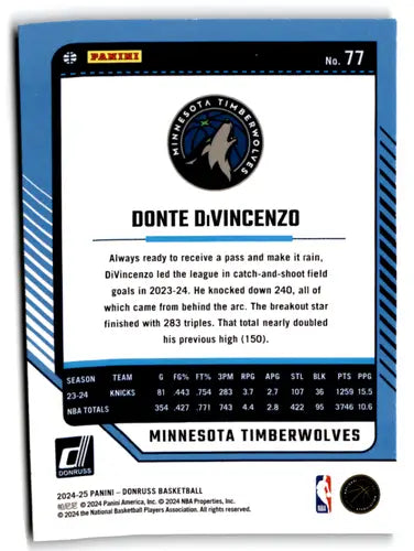 2024-25 Donruss Holo Green Laser #77 Donte DiVincenzo NM-MT Timberwolve ID:81276 - Basketball Card Single