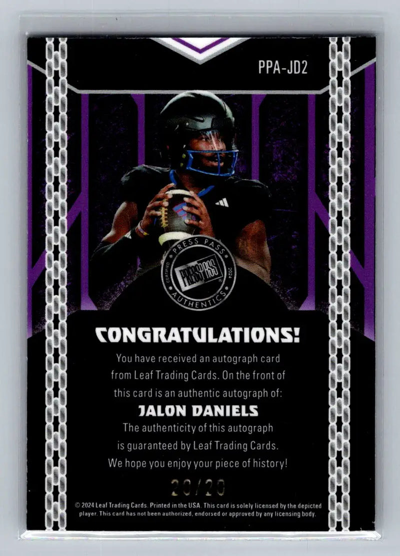 24 Leaf Collective Press Pass Auto Shimmer Light Blue#PPA-JD2 Jalon Daniels /20 - Football Card Single