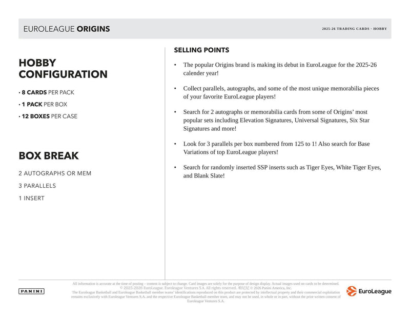 2025/26 Panini Origins EuroLeague Basketball Hobby Box | Columbia Sports Cards | Columbia Hobby - Sports Card Boxes - Toploaders - Card Savers.