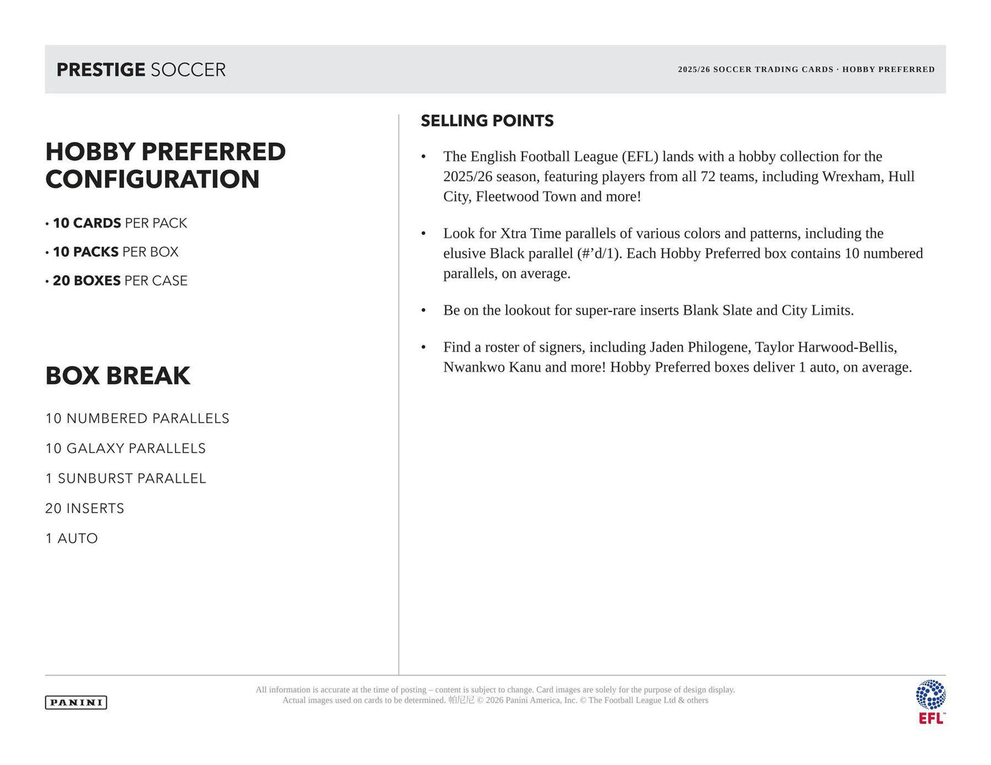 2025/26 Panini Prestige EFL Soccer Hobby Preferred Box | Columbia Sports Cards
