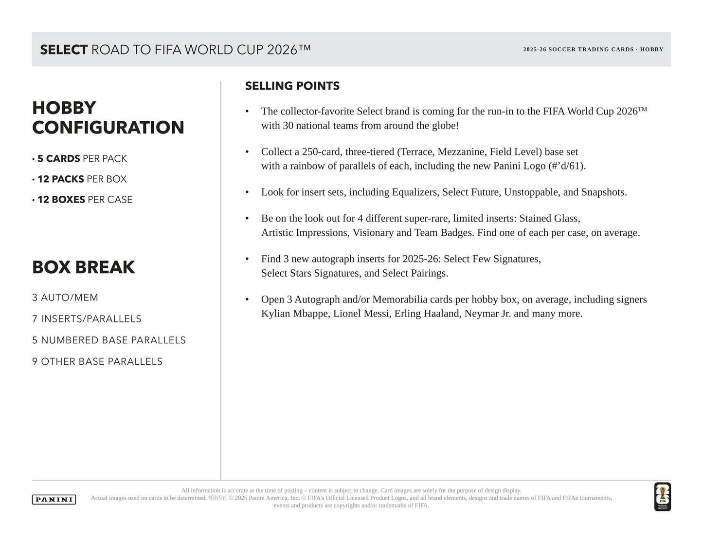 2025/26 Panini Select Road to FIFA World Cup Soccer Hobby Box | Columbia Sports Cards | Columbia Hobby - Sports Card Boxes - Toploaders - Card Savers.