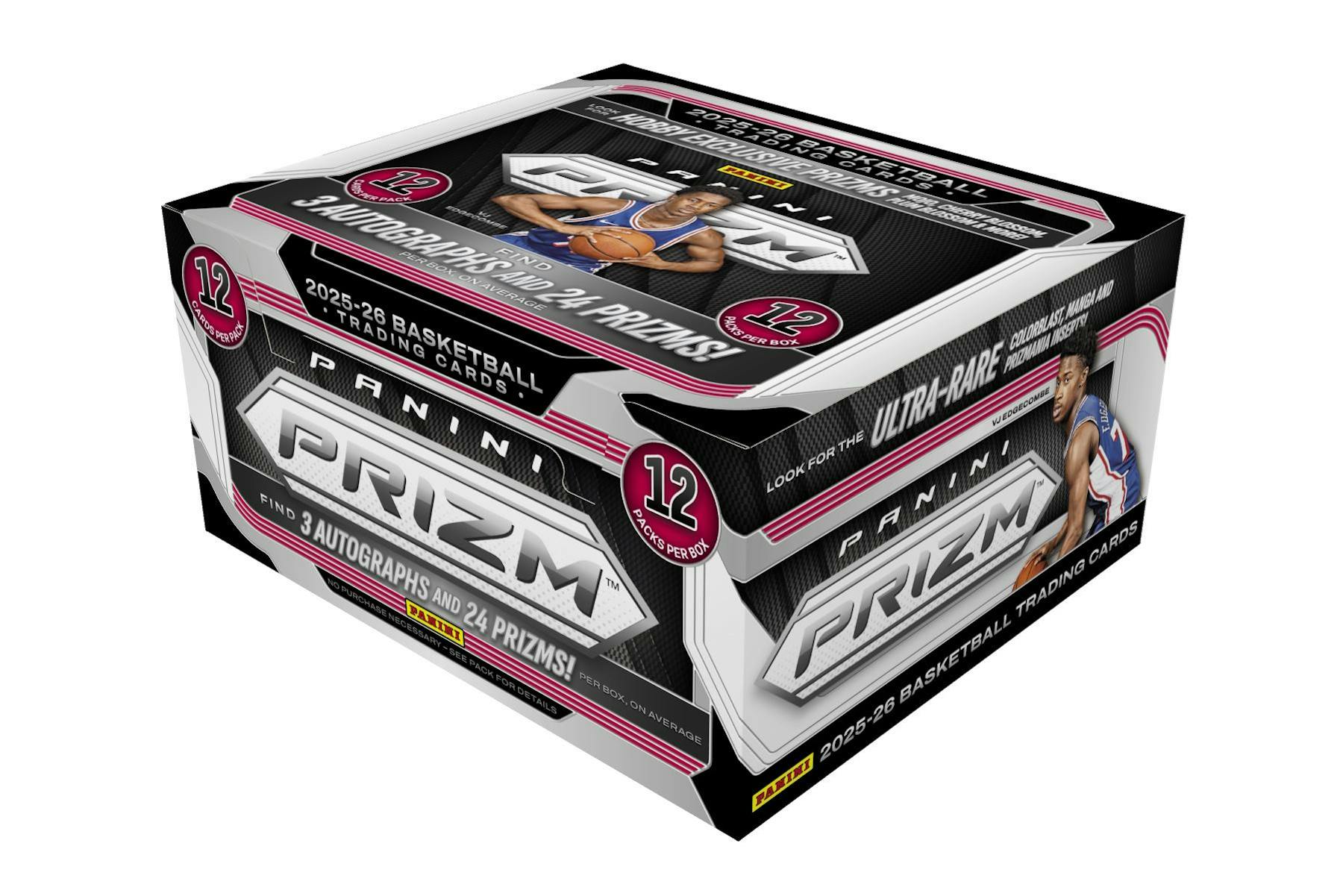 2025/26 Panini Prizm Basketball Hobby Box featuring three autographs, 24 Base Prizms, and premium basketball inserts.
Back of the 2025/26 Panini Prizm Basketball Hobby Box showing product details and box configuration.
2025/26 Panini Prizm Basketball hobby pack featuring NBA stars, rookies, and colorful Prizm parallels.
2025/26 Panini Prizm Basketball promotional sell sheet highlighting Manga SSPs, Colorblast inserts, Cherry Blossom parallels, and Hobby-exclusive autographs.
